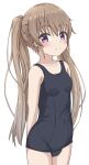  1girl ao_no_kanata_no_four_rhythm arisaka_mashiro bangs bare_arms bare_shoulders black_swimsuit blush breasts brown_hair closed_mouth collarbone commentary_request covered_navel eyebrows_visible_through_hair hair_between_eyes highres hippo_(hirople) long_hair looking_at_viewer old_school_swimsuit school_swimsuit simple_background small_breasts solo standing swimsuit twintails very_long_hair violet_eyes white_background 