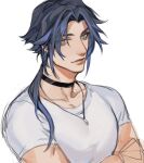  1boy aqua_eyes bangs black_choker blue-haired_boy_(how_to_draw_manga) blue_hair blush choker closed_mouth collarbone commentary crossed_arms earrings english_commentary eyebrows_visible_through_hair hair_intakes hair_tie how_to_draw_manga jewelry light_blush long_hair looking_at_viewer male_focus muscular muscular_male necklace ponytail shirt short_sleeves simple_background sketch solo tied_hair upper_body white_background white_shirt xin_(cveol) 