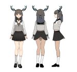  1girl absurdres animal_ears bell black_choker black_footwear black_sailor_collar blush choker closed_mouth concept_art deer_antlers deer_ears deer_tail gogalking green_eyes highres jingle_bell long_sleeves looking_at_viewer miniskirt neck_bell original pleated_skirt sailor_collar school_uniform serafuku shirt shoes simple_background skirt smile socks standing tail white_background white_legwear white_shirt 