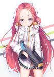  1girl :&lt; blue_archive commentary_request forehead grenade_launcher hair_ornament hair_ribbon highres jacket long_hair looking_at_viewer redhead ribbon school_uniform simple_background solo sooottrick violet_eyes weapon white_background yuzu_(blue_archive) 