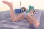  1girl absurdres ass bangs barefoot beach bikini blush breasts earrings green_eyes green_hair highres jewelry large_breasts long_hair looking_at_viewer nintendo_switch nottme pneuma_(xenoblade) ponytail rex_(xenoblade) smile solo stuffed_toy swept_bangs swimsuit tiara towel umbrella very_long_hair white_bikini xenoblade_chronicles_(series) xenoblade_chronicles_2 