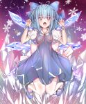  1girl :o absurdres adapted_costume antenna_hair back_bow bangs blue_bow blue_dress blue_eyes blue_footwear blue_hair blue_nails blunt_bangs blush bow breasts cirno claw_pose crystal diffraction_spikes dress eyebrows_visible_through_hair floating full_body gao glint hair_bow hands_up highres huge_filesize ice ice_wings looking_at_viewer mary_janes medium_hair nail_polish open_mouth pinafore_dress puffy_short_sleeves puffy_sleeves purple_background red_neckwear red_ribbon ribbon sera4 shoes short_sleeves simple_background small_breasts snowflakes solo thigh-highs touhou white_bow white_legwear wings wrist_cuffs 