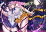  2girls abs blush breast_press breasts bug butterfly cosplay green_eyes green_hair highres huge_breasts insect jet_(pw3234) kanroji_mitsuri kimetsu_no_yaiba kochou_shinobu leotard long_hair moon moonlight multiple_girls muscular muscular_female orange_skirt pink_hair purple_hair purple_skirt sailor sailor_moon sailor_moon_(cosplay) shiny shiny_skin short_hair skirt sword symmetrical_docking thick_thighs thighs violet_eyes weapon white_leotard 