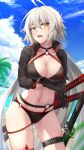  1girl absurdres ahoge bikini black_bikini black_choker black_gloves black_jacket blue_sky breasts choker clouds cropped_jacket day fate/grand_order fate_(series) gin9684 gloves highres huge_filesize jacket jeanne_d&#039;arc_(alter_swimsuit_berserker)_(fate) jeanne_d&#039;arc_(fate)_(all) katana large_breasts long_hair multiple_swords o-ring o-ring_bikini o-ring_bottom o-ring_top outdoors red_legwear shrug_(clothing) silver_hair single_thighhigh sky solo standing swimsuit sword thigh-highs thigh_strap very_long_hair weapon yellow_eyes 