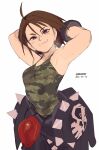  1girl absurdres ahoge armpits arms_behind_head arms_up biker_clothes breasts brekkist brown_eyes brown_hair camouflage_tank_top clothes_around_waist english_commentary highres kazama_akira rival_schools small_breasts smile solo street_fighter street_fighter_v sweat white_background 