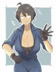  1girl 30th_video_rentals black_gloves black_hair blue_jumpsuit breasts cowboy_shot gloves half-closed_eyes hand_on_hip kataochi_chuuko large_breasts looking_at_viewer open_jumpsuit outline shiitakeya1103 short_hair smile solo virtual_youtuber white_outline zipper_pull_tab 