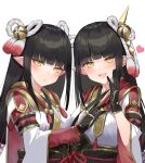  2girls :d asagi_yuna bangs black_gloves black_hair blunt_bangs blush commentary_request eyebrows_visible_through_hair gloves hair_ornament hand_on_another&#039;s_chest heart hinoa japanese_clothes long_hair long_sleeves looking_at_viewer minoto monster_hunter_(series) monster_hunter_rise multiple_girls open_mouth pointy_ears rope siblings simple_background smile twins upper_body white_background wide_sleeves yellow_eyes 