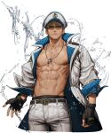  1boy belt black_gloves blonde_hair cowboy_shot fingerless_gloves floating glint gloves hat highres jewelry long_sleeves male_focus muscular muscular_male navel necklace original pants pectorals rinotuna shadow solo water white_headwear white_pants 