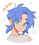  1boy aqua_eyes bangs blue-haired_boy_(how_to_draw_manga) blue_hair blush bubble closed_mouth commentary derivative_work english_commentary forehead grey_shirt hair_intakes happy how_to_draw_manga light_blush looking_at_viewer male_focus ninjyace nose_blush ponytail shirt short_hair sidelocks simple_background sketch smile solo tied_hair upper_body white_background 