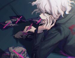  1boy aji_kosugi bangs black_eyepatch black_headwear blonde_hair braid collared_shirt commentary_request cross dangan_ronpa_(series) dangan_ronpa_2:_goodbye_despair dangan_ronpa_another_episode:_ultra_despair_girls green_jacket grey_hair hair_between_eyes hat highres holding holding_pen huge_filesize jacket kamukura_izuru komaeda_nagito kuzuryuu_fuyuhiko long_hair long_sleeves male_focus necktie official_alternate_costume owari_akane pen photo_(object) pink_blood shaded_face shirt smile solo sonia_nevermind upper_body upper_teeth white_shirt 