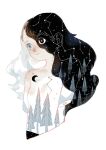  1girl armless black_hair breasts closed_mouth constellation crescent forest freckles heterochromia long_hair looking_to_the_side multicolored_hair nature neetiska original small_breasts surreal torso tree_print two-tone_hair wavy_hair white_background white_hair 