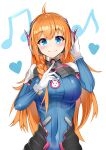  1girl absurdres bangs blue_eyes bodysuit braid breasts cosplay cowlick crossover d.va_(overwatch) d.va_(overwatch)_(cosplay) eyebrows_visible_through_hair gloves hand_on_headphones headphones highres korean_commentary long_hair medium_breasts orange_hair overwatch pecorine_(princess_connect!) pilot_suit pointing princess_connect! princess_connect!_re:dive smile tokuya white_background white_gloves 