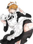  1boy alternate_costume apron bangs blue_eyes closed_mouth dress enmaided frilled_dress frilled_skirt frills genshin_impact hair_between_eyes holding holding_tray jewelry maid maid_headdress male_focus orange_hair puffy_sleeves short_hair simple_background single_earring skirt smile solo sssss2222 tartaglia_(genshin_impact) tray white_background 