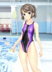  1girl absurdres blue_eyes blurry breasts brown_hair chair clothes_writing competition_swimsuit depth_of_field feet_out_of_frame highleg highleg_swimsuit highres huge_filesize lifeguard_chair looking_at_viewer multicolored multicolored_clothes multicolored_swimsuit one-piece_swimsuit original ponytail pool poolside purple_swimsuit short_hair sidelocks small_breasts smile solo standing swimsuit takafumi 