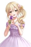  1girl :d absurdres alternate_hairstyle bang_dream! bangs bare_shoulders bead_necklace beads blonde_hair blush bow cowboy_shot dress eyebrows_visible_through_hair flower gem hair_bow hair_flower hair_ornament hand_on_own_chest head_tilt highres holding holding_flower ichigaya_arisa jewelry looking_at_viewer necklace open_mouth orange_eyes purple_dress side_ponytail sidelocks simple_background sleeveless sleeveless_dress smile solo standing strapless strapless_dress white_background zipgaemi 