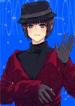  1boy 2021 aqua_eyes black_hair black_shirt blue_background blue_eyes brown_gloves closed_eyes copyright_name dated fedora gloves green_eyes hat highres itou_kaeru jacket red_jacket shirt short_hair sleeves_past_wrists smile solo sumeragi_subaru tokyo_babylon turtleneck twitter_username upper_body waving wavy_mouth 