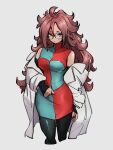  1girl android_21 black_legwear blue_eyes breasts checkered checkered_dress closed_mouth dragon_ball dragon_ball_fighterz dress earrings glasses grey_background hair_between_eyes hoop_earrings jewelry kemachiku labcoat long_hair looking_at_viewer medium_breasts pantyhose redhead simple_background solo 