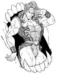  1boy abs bulge cream_(stand) fangs greyscale heart highres jojo_no_kimyou_na_bouken long_hair male_focus mariel_cartwright monochrome muscular muscular_male serious solo stand_(jojo) stardust_crusaders teeth vanilla_ice wristband 