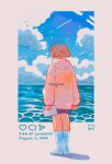  1girl artist_name blue_sky clouds cloudy_sky from_side full_body highres holding hood hood_down horizon meyoco original pink_hair shadow short_hair sky socks solo standing water white_legwear 