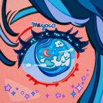  1girl artist_name blue_hair close-up crescent eyes meyoco multicolored_hair original solo sparkle star_(symbol) waves 