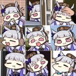  1girl :3 =_= animal_ears bangs biting blunt_bangs blush_stickers bow chart chibi closed_eyes ear_ribbon expressions gold_ship_(umamusume) grin hat highres horse_ears horse_girl hose jazz_jack lightning_bolt no_nose open_mouth peeking_out petting photo-referenced rope school_uniform silver_hair smile straw_(stalk) tongue tongue_out umamusume violet_eyes water 
