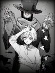  2boys book closed_mouth collared_shirt g_(itsuzono) hand_in_hair hat hitotsume-sama long_sleeves looking_at_viewer male_focus monochrome multiple_boys nonsense_bunkaku_(vocaloid) one-eyed scarf shirt song_name star tamago_(mah) top_hat veins white_hair 