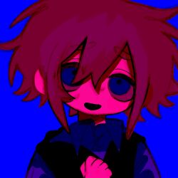  1boy basil_(faraway)_(omori) basil_(omori) black_sweater_vest blonde_hair blue_background blue_eyes collared_shirt double-parted_bangs hair_between_eyes highres kobanzame_omo limited_palette looking_at_viewer male_focus nervous_smile nervous_sweating omori open_mouth shirt short_hair sidelocks simple_background smile solo sweat sweater_vest upper_body white_shirt 