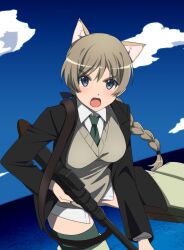  1girl angry animal_ears black_jacket blue_eyes blue_sky braid breasts brown_hair cat_ears cat_girl clouds cloudy_sky flying gun highres holding holding_gun holding_weapon jacket large_breasts looking_at_viewer lynette_bishop military military_uniform naguramu necktie no_pants ocean open_mouth outdoors shirt single_braid sky solo strike_witches striker_unit striped_clothes striped_thighhighs sweater_vest thigh-highs weapon white_shirt world_witches_series 