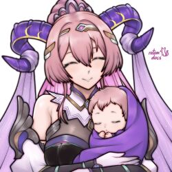  1girl 1other baby bare_shoulders breasts closed_eyes detached_sleeves fire_emblem fire_emblem_heroes goat_horns highres horns large_breasts nerthuz_(fire_emblem) pink_hair ponytail rotomdocs signature smile upper_body white_background 