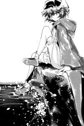  1other androgynous ankle_socks bare_legs boots chinese_commentary cliff closed_mouth coattails collared_shirt commentary_request detached_hood english_commentary frilled_headwear frilled_shorts frills full_body greyscale hair_between_eyes hat high_collar highres hood hood_down hooded_jacket jacket knee_up len&#039;en light_particles long_sleeves looking_ahead mixed-language_commentary mob_cap monochrome ocean open_clothes open_jacket other_focus outdoors puffy_shorts shirt shitodo_kuroji short_hair shorts sitting socks solo triangular_headpiece unamused wide_sleeves yancao_(pixiv_103434280) zipper 