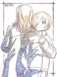  2girls back-to-back chloe_taylor closed_mouth coat commentary_request cowboy_shot down_jacket hair_over_one_eye hashtag highres inset_border jacket light_frown limited_palette long_hair long_sleeves love_live! love_live!_nijigasaki_high_school_idol_club love_live!_nijigasaki_high_school_idol_club_the_movie_-_finale mia_taylor multiple_girls one_eye_covered short_hair siblings simple_background sisters sleeves_past_wrists white_background ya_(zawa0410) 