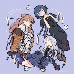 3girls bandages black_cape black_dress black_shoes blue_dress blue_eyes blue_hair bow bracelet braid brown_dress brown_eyes brown_shoes candle candy cape commentary demon_horns dot_nose double_bun dress fang food fucca full_body grey_hair grid hair_bow hair_bun half-closed_eyes hand_on_floor happy_halloween horns invisible_floor jewelry leg_warmers loafers long_hair long_sleeves looking_at_viewer multiple_braids multiple_girls multiple_hair_bows one_eye_closed orange_eyes original puffy_short_sleeves puffy_sleeves purple_background purple_horns ring shoes short_sleeves silver_bracelet silver_ring simple_background skull symbol-only_commentary 