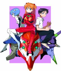  1boy 2girls absurdres arms_at_sides asdf_4532 ayanami_rei black_hair black_pants blue_eyes blue_hair bodysuit bracer breasts closed_mouth collared_shirt crossed_arms eva_00 eva_01 eva_02 expressionless hair_between_eyes hair_ornament hashtag-only_commentary headgear highres ikari_shinji knee_up long_hair looking_at_viewer looking_to_the_side mecha_pilot_suit medium_breasts multiple_girls neon_genesis_evangelion orange_hair pants plugsuit_(evangelion) purple_background red_bodysuit red_eyes school_uniform shirt shoes short_hair sitting skinny souryuu_asuka_langley turtleneck two-tone_background two_side_up white_background white_bodysuit white_shirt yellow_shoes 