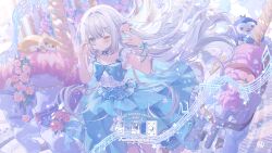  1girl arm_ribbon bird blue_dress blue_eyes blue_ribbon cat commentary commission dress floating_hair flower grey_hair half-heart_hands hands_up highres holding holding_phone long_hair looking_at_viewer musical_staff one_eye_closed original penguin phone ribbon rose solo umehara_sei 