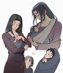  1girl 2boys aged_down baby black_hair blue_shirt brothers carrying carrying_person closed_mouth collarbone dress english_commentary family from_side gelley_j0 hair_between_eyes hand_on_another&#039;s_head happy head_tilt heart highres light_blush long_hair long_sleeves looking_up mother_and_child mother_and_son motherly multiple_boys naruto_(series) naruto_shippuuden parted_bangs pink_lips red_dress shirt short_hair siblings sleeping twitter_username uchiha_itachi uchiha_mikoto uchiha_sasuke white_background wrapped_in_blanket 