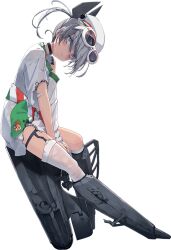  1girl bad_link ballet_boots black_one-piece_swimsuit burnt_clothes dace_(kancolle) dixie_cup_hat eyewear_on_head full_body garter_straps grey_eyes grey_hair hat headgear kantai_collection leonardo_da_vinci_(kancolle) looking_at_viewer machinery military_hat multicolored_sash official_art one-piece_swimsuit sash shirt shizuma_yoshinori side_ponytail single_garter_strap single_thighhigh sitting sleeves_past_fingers sleeves_past_wrists solo sunglasses swimsuit swimsuit_under_clothes thigh-highs transparent_background white_hat white_shirt 