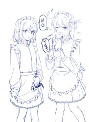  2girls apron blush chinese_commentary commentary_request haidao_mao hair_ornament heart heart_hair_ornament highres jersey_maid long_hair maid maid_apron maid_headdress miyagi_shiori monochrome multiple_girls one_eye_closed open_mouth sendai_hazuki short_hair shuuniichido_classmate_wo_kau_hanashi simple_background skirt unconventional_maid white_background 