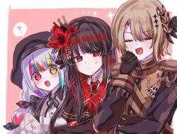  3girls :d ? artist_painter beret black_dress black_gloves black_hair black_hat blonde_hair bow crown dress epaulettes flower gloves hair_flower hair_ornament hand_on_own_face hasumi_leia hat heterochromia highres jogasaki_noah long_hair looking_at_another magical_girl mahou_shoujo_no_majo_saiban multi-tied_hair multiple_girls necktie nikaido_hiro paint_stains pink_eyes polka_dot polka_dot_bow red_eyes red_flower red_necktie sash shoulder_sash simple_background smile sweatdrop tosiosito very_long_hair yellow_eyes 