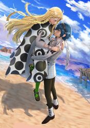  1boy 1girl absurdres beach black_hairband black_pants blonde_hair blue_eyes blue_hair blue_sky braid carrying carrying_person closed_mouth clouds commentary_request commission dark-skinned_female dark-skinned_male dark_skin day eupha_(metaphor:_refantazio) eva02asuka0608 floating_hair green_pantyhose hairband heterochromia highres jacket long_hair long_sleeves looking_at_another metaphor:_refantazio ocean outdoors pants pantyhose pixiv_commission poncho protagonist_(metaphor:_refantazio) shadow short_hair sky smile third_eye twin_braids violet_eyes water white_jacket yellow_eyes 