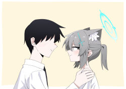  1boy 1girl absurdres animal_ear_fluff animal_ears b.t._(boob_tong) black_hair blue_archive blue_halo blush cross cross_hair_ornament extra_ears faceless faceless_male grey_hair hair_ornament halo highres inverted_cross looking_at_another medium_hair no_eyes ponytail sensei_(blue_archive) shiroko_(blue_archive) short_ponytail upper_body wolf_ears wolf_girl 