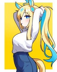  1girl ahoge animal_ears arms_up blonde_hair blue_eyes blue_hair blue_pants blush breasts casual closed_mouth colored_inner_hair commentary_request cowboy_shot hair_tie hair_tie_in_mouth highres horse_ears horse_girl horse_tail jorang_(jorang08) korean_commentary long_hair long_sleeves looking_at_viewer mouth_hold multicolored_hair neo_universe_(umamusume) pants ponytail shirt shirt_tucked_in simple_background small_breasts solo tail tail_through_clothes tying_hair umamusume white_shirt yellow_background 