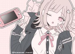  1girl ;o artist_name blush breasts brown_hair collared_shirt danganronpa_(series) danganronpa_2:_goodbye_despair flipped_hair hair_ornament hands_up hood jacket komanami_kawaii long_sleeves medium_hair nanami_chiaki neck_ribbon nintendo_switch one_eye_closed open_clothes open_jacket outline pillow pink_eyes ribbon shirt solo white_outline white_shirt 