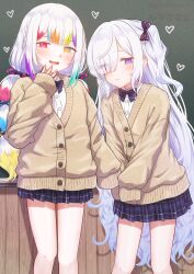  2girls absurdres alternate_costume blue_skirt brown_cardigan cardigan chalkboard collared_shirt commentary_request eyes_visible_through_hair feet_out_of_frame gekikara_poteto hair_over_one_eye hand_up heart heterochromia highres jogasaki_noah long_hair long_sleeves looking_at_viewer mahou_shoujo_no_majo_saiban multi-tied_hair multicolored_hair multiple_girls natsume_an-an one_side_up open_mouth plaid_clothes plaid_skirt pleated_skirt red_eyes school_uniform shirt skirt sleeves_past_fingers sleeves_past_wrists smile standing streaked_hair very_long_hair violet_eyes white_hair white_shirt yellow_eyes 