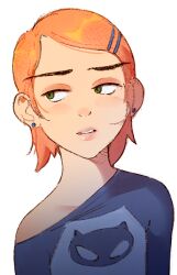  1girl ben_10 blue_shirt ear_piercing fisticuffs_club green_eyes gwen_tennyson hair_ornament hairclip half-closed_eyes lips piercing shirt short_hair sideways_glance simple_background single_off_shoulder solo upper_body 