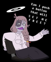  1girl deltarune dress english_text green_eyes halo halojack_(huecycles) huecycles original sharp_teeth sitting solo solo_focus teeth utdr_(toby_fox) 