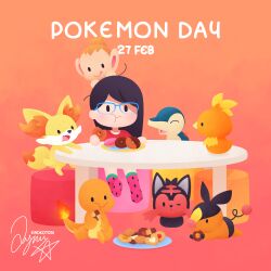  1girl black_hair charmander chewing chibi chibi_only chimchar commentary_request cookie cyndaquil dated doughnut eating fennekin food food_print fruit_print glasses gradient_background kinokorin litten messy_hair no_humans on_head open_mouth pink_background pokemon pokemon_(creature) pokemon_on_head signature sitting socks tepig thumbprint_cookie torchic watermelon_print 