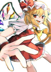  1girl ascot blonde_hair crystal crystal_wings flandre_scarlet hat hat_ribbon highres mob_cap multicolored_wings one_side_up open_mouth red_eyes red_skirt red_vest ribbon short_hair side_ponytail skirt skirt_set teeth touhou tungsten_mochoo upper_teeth_only vest white_hat wings yellow_ascot 
