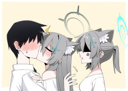 1boy 1girl absurdres anger_vein animal_ear_fluff animal_ears b.t._(boob_tong) black_hair black_halo blue_archive blue_halo blush broken_halo cross cross_hair_ornament dark_halo extra_ears faceless faceless_male from_below grey_hair hair_ornament halo hetero highres inverted_cross kiss looking_at_another medium_hair no_eyes partially_shaded_face ponytail sandwiched sensei_(blue_archive) shiroko_(blue_archive) shiroko_terror_(blue_archive) short_ponytail upper_body wolf_ears wolf_girl