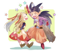  belt black_hair blonde_hair brown_belt brown_shoes closed_eyes club_(weapon) commentary_request dragon_quest dragon_quest_builders_2 dress fangs female_builder_(dqb2) gloves hair_down high_five jewelry necklace oboro_keisuke open_clothes open_mouth open_shirt orange_pants pants puffy_pants purple_shirt red_gloves red_ribbon ribbon shirt shoes sidoh_(dqb2) spiked_club toned toned_male twintails weapon yellow_gloves 