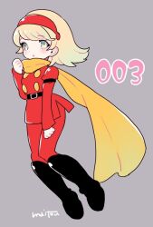  1girl belt black_belt black_boots blonde_hair boots chibi coat cyborg cyborg_009 francoise_arnoul full_body green_eyes hair_over_eyes hairband light_blush maitou medium_hair pants red_coat red_hairband red_pants scarf soldier wide_hips yellow_scarf 